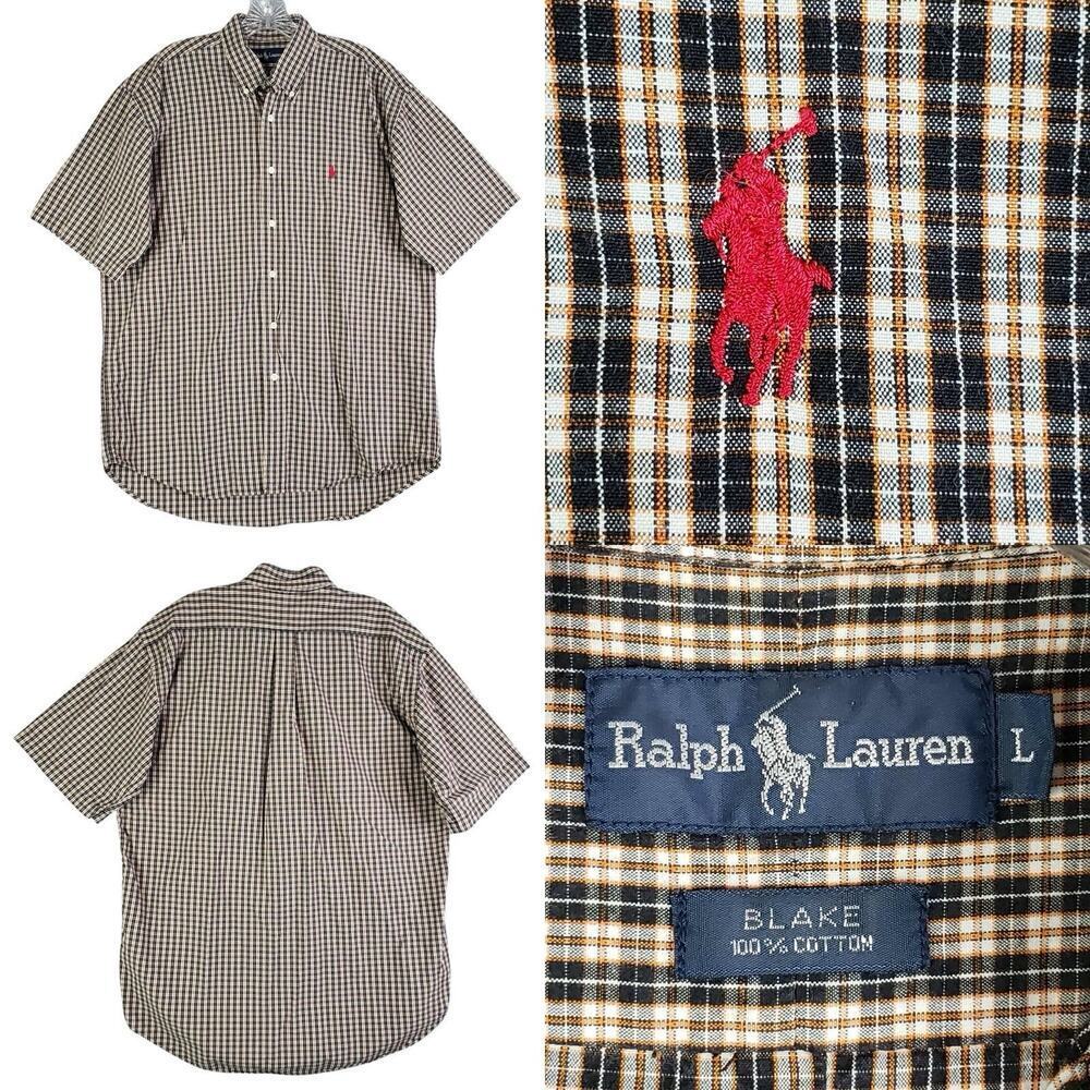 Polo Ralph Lauren Shirt Oxford Mens Size Large SS Blake Brown Plaid Button Down